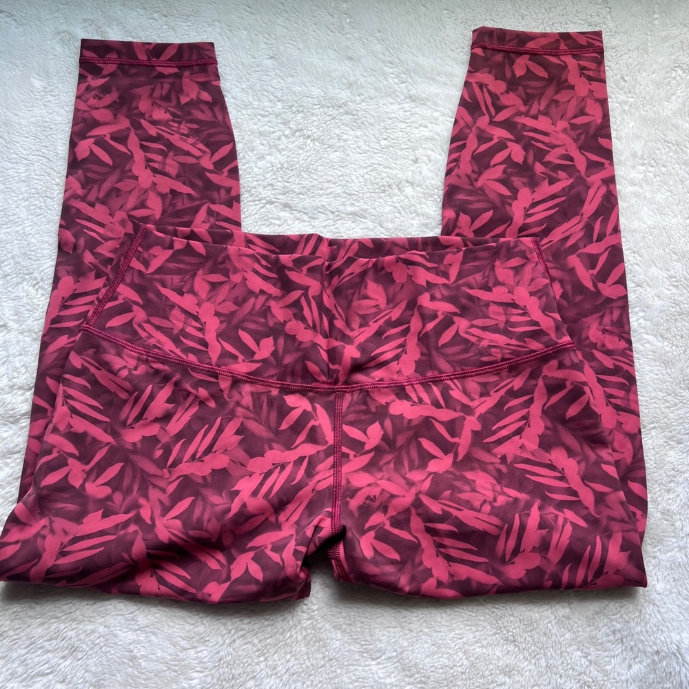 Lululemon Womens Pink Burgundy Leaf Print High Rise Leggings Size 14 LW5ET3S NEW